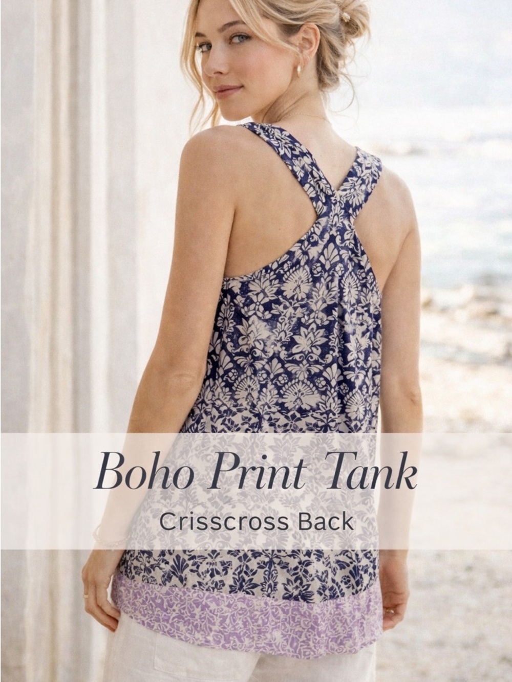 Boho Print Crisscross Back Tank - Navy & Lavender Size M